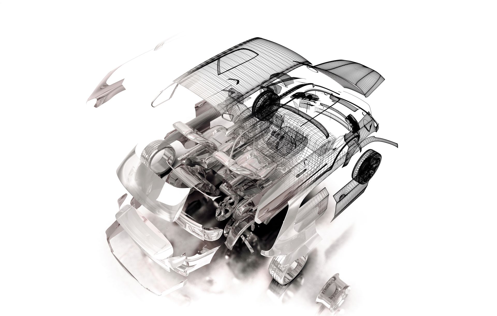 Ein transparentes 3D-Drahtgittermodell eines Autos, das seine internen Komponenten und seine Struktur vor einem weißen Hintergrund zeigt.